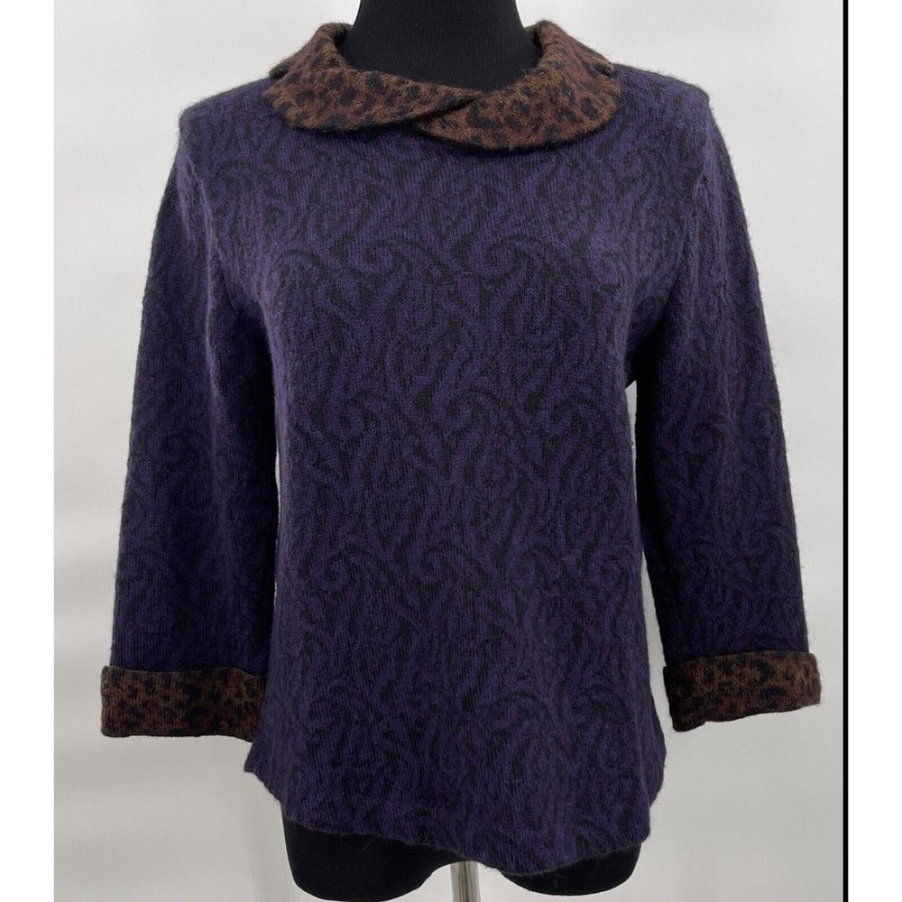 MILLMA‎ BOLIVIA Womens 100% Alpaca Sweater Leopard Cheetah Purple Brown Medium